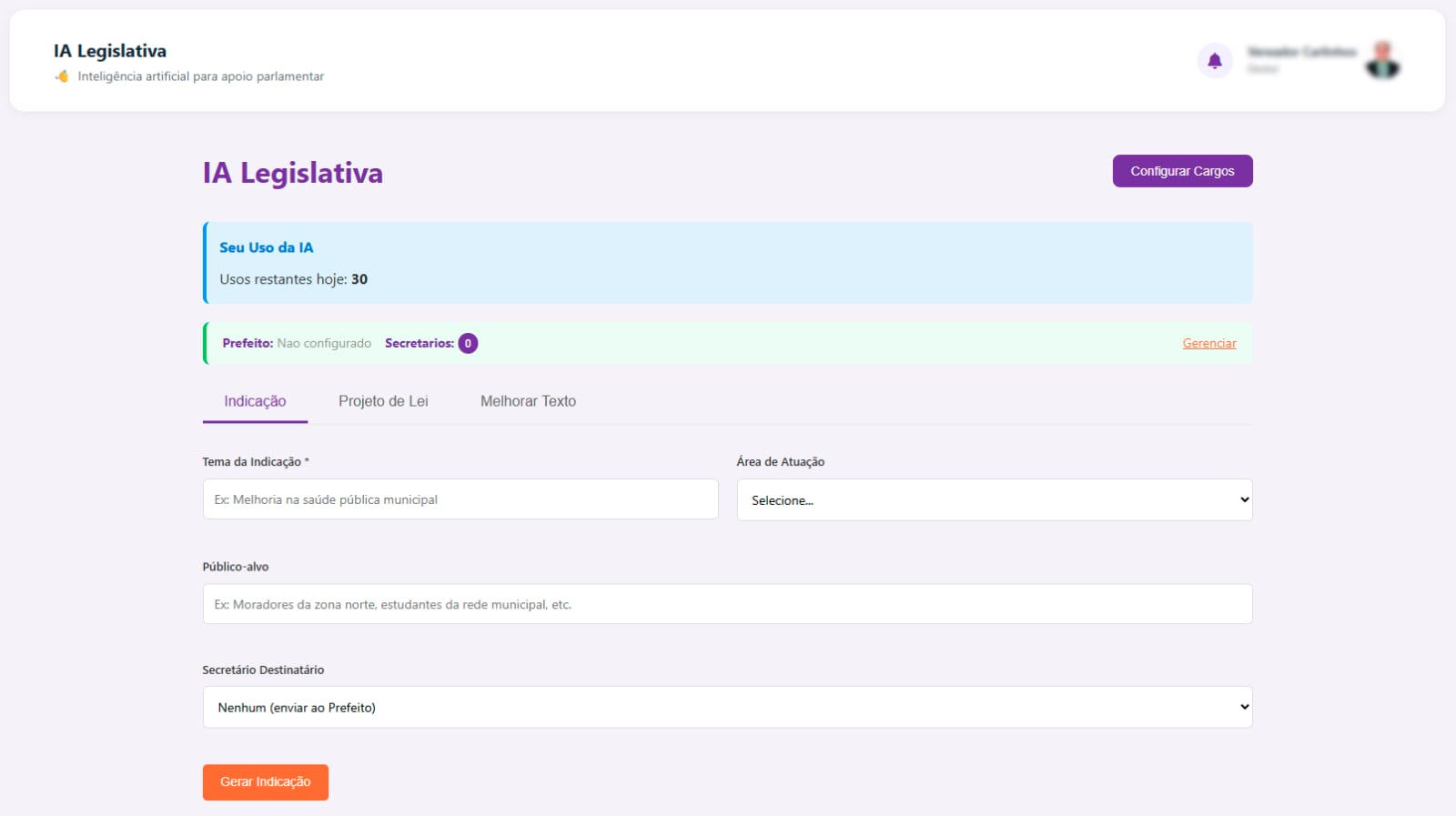 Tela do sistema - Dashboard